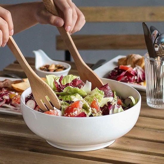 Pack of 2,Large Salad Bowls, 9.5" White Ceramic Fruit Bowls, Microwave & Dishwasher Safe, Easy Clean