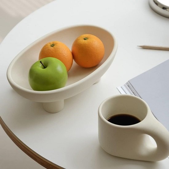 Three-Legs Ceramic Fruit Bowl for Kitchen Counter, Decorative Bowl for Table Décor, 10-inch Oval Large Bowls for Breads, Matte Crème