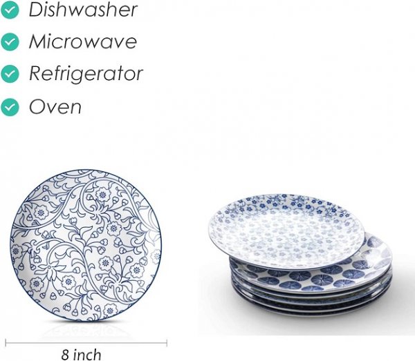 8 inch Porcelain Dinner Plates, Large Size Serving Plate for Salad, Pancakes, Steak, Set of 6, Vintage Blue